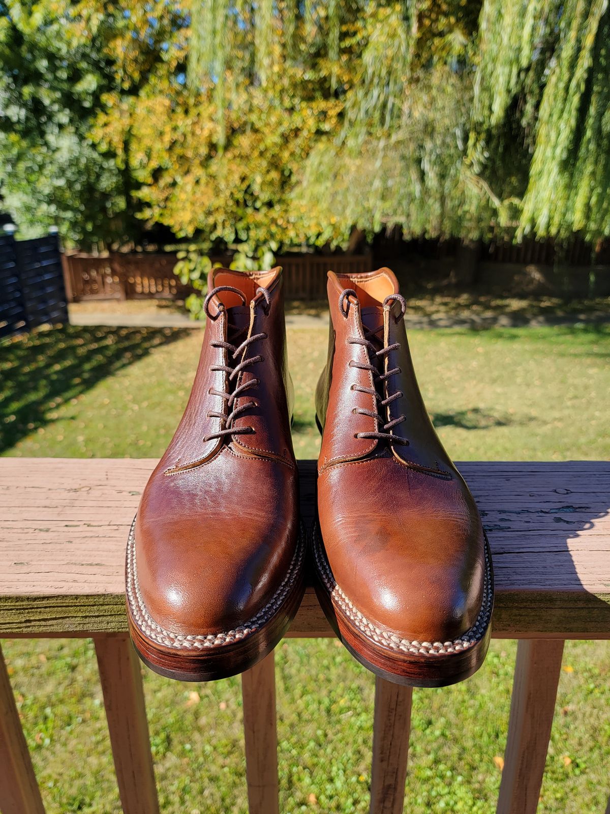 Photo by LouisvilleLeatherGuy on October 4, 2022 of the Midas Thunderboot II in Shinki Cognac Oiled Horsebutt.
