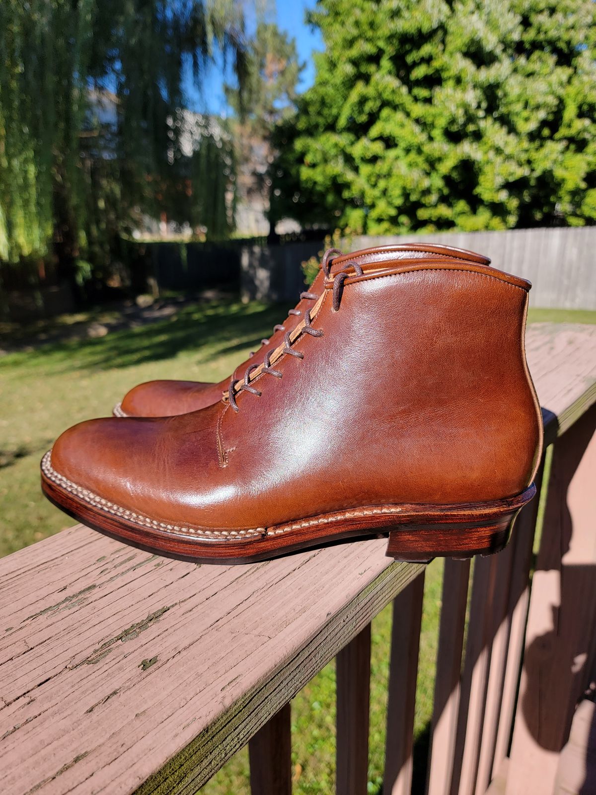 Photo by LouisvilleLeatherGuy on October 4, 2022 of the Midas Thunderboot II in Shinki Cognac Oiled Horsebutt.