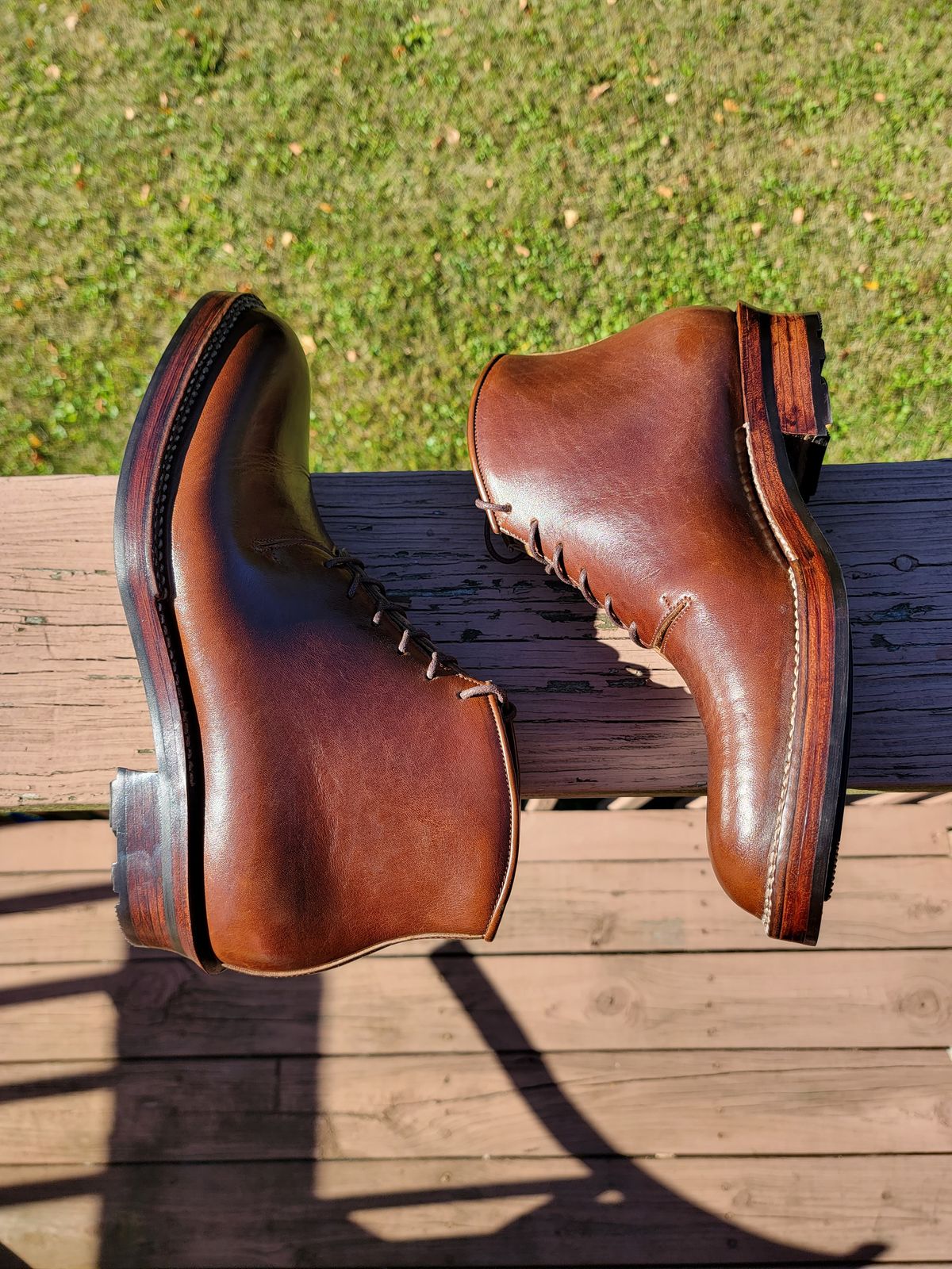 Photo by LouisvilleLeatherGuy on October 4, 2022 of the Midas Thunderboot II in Shinki Cognac Oiled Horsebutt.