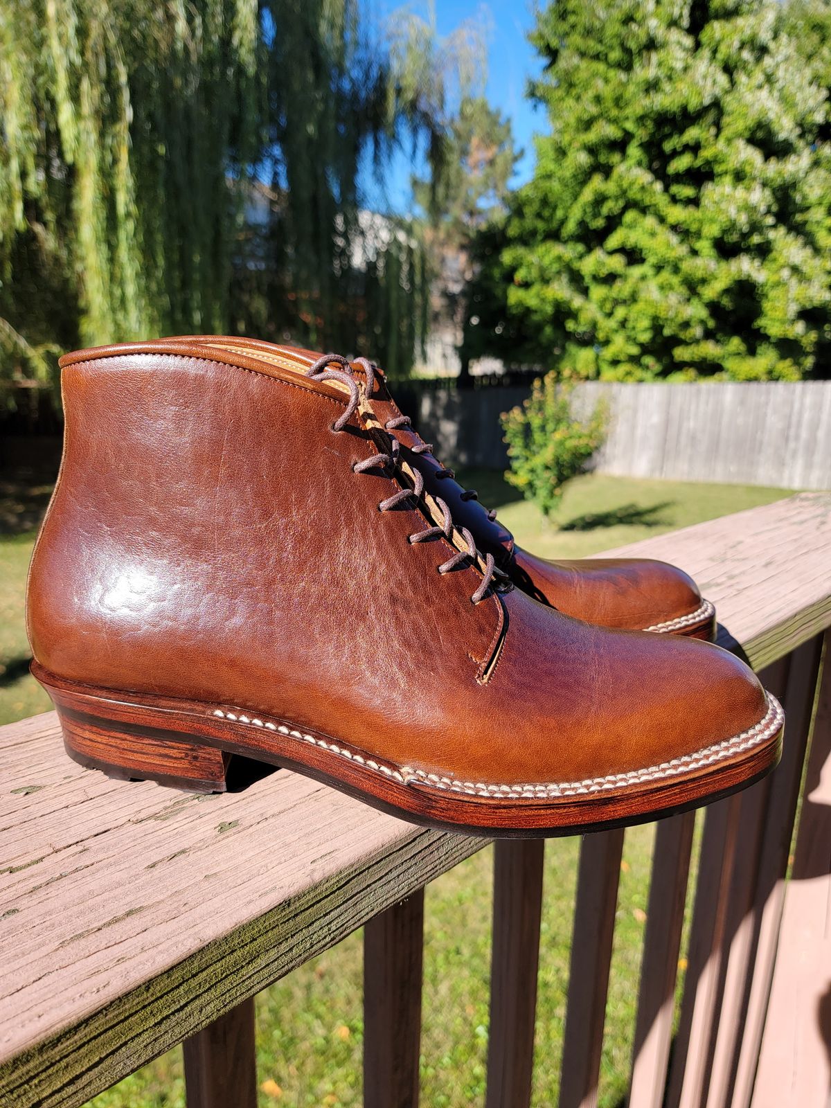 Photo by LouisvilleLeatherGuy on October 4, 2022 of the Midas Thunderboot II in Shinki Cognac Oiled Horsebutt.