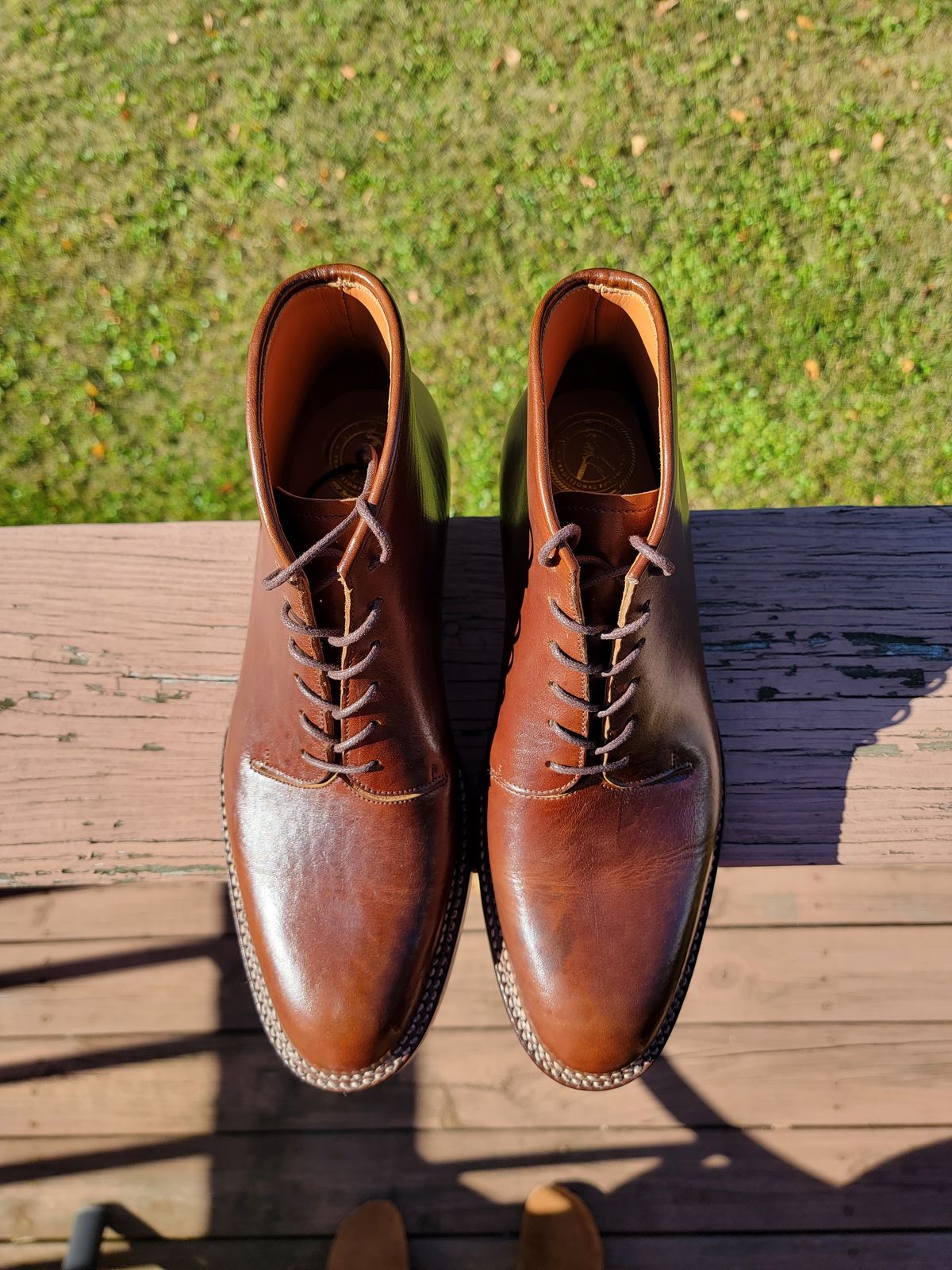 Photo by LouisvilleLeatherGuy on October 4, 2022 of the Midas Thunderboot II in Shinki Cognac Oiled Horsebutt.