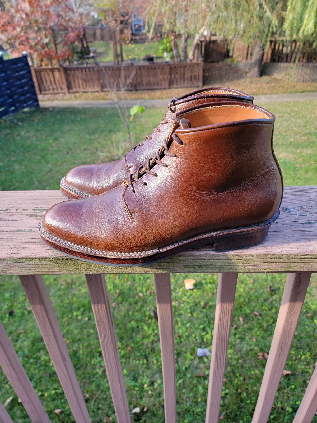 Photo by LouisvilleLeatherGuy on November 4, 2022 of the Midas Thunderboot II in Shinki Cognac Oiled Horsebutt.