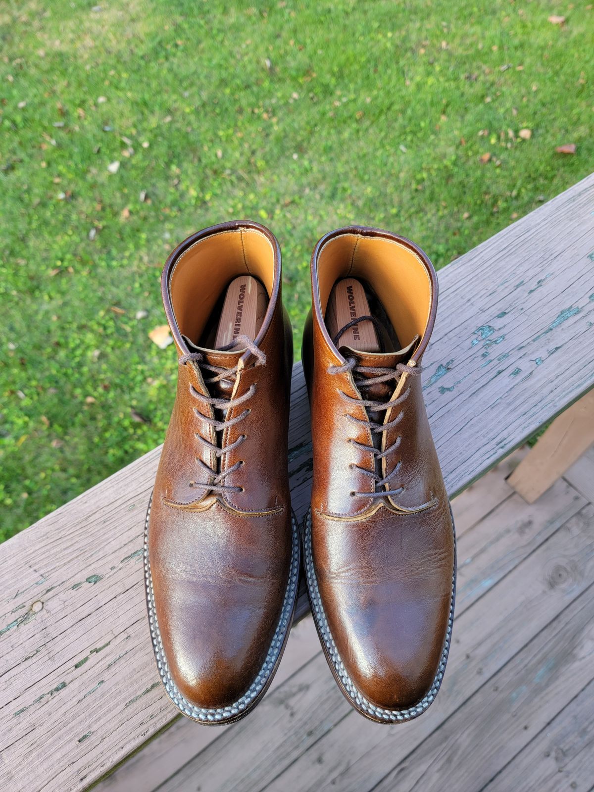 Photo by LouisvilleLeatherGuy on November 4, 2022 of the Midas Thunderboot II in Shinki Cognac Oiled Horsebutt.