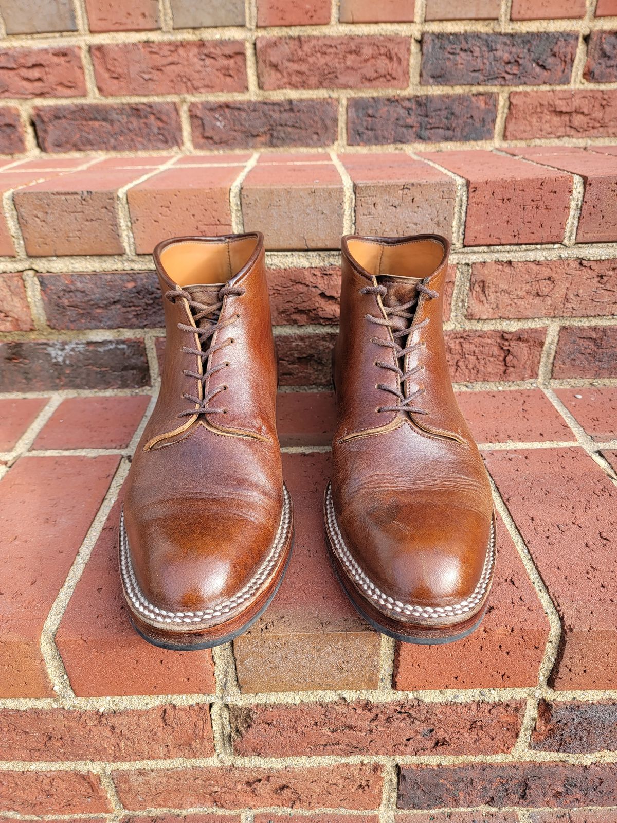 Photo by LouisvilleLeatherGuy on December 4, 2022 of the Midas Thunderboot II in Shinki Cognac Oiled Horsebutt.