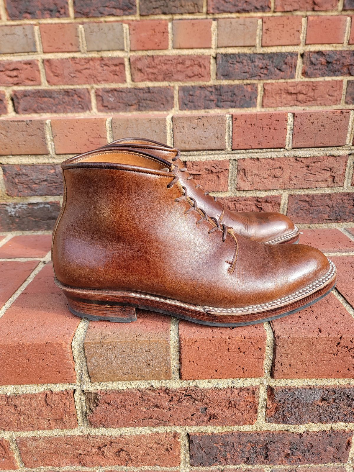 Photo by LouisvilleLeatherGuy on December 4, 2022 of the Midas Thunderboot II in Shinki Cognac Oiled Horsebutt.