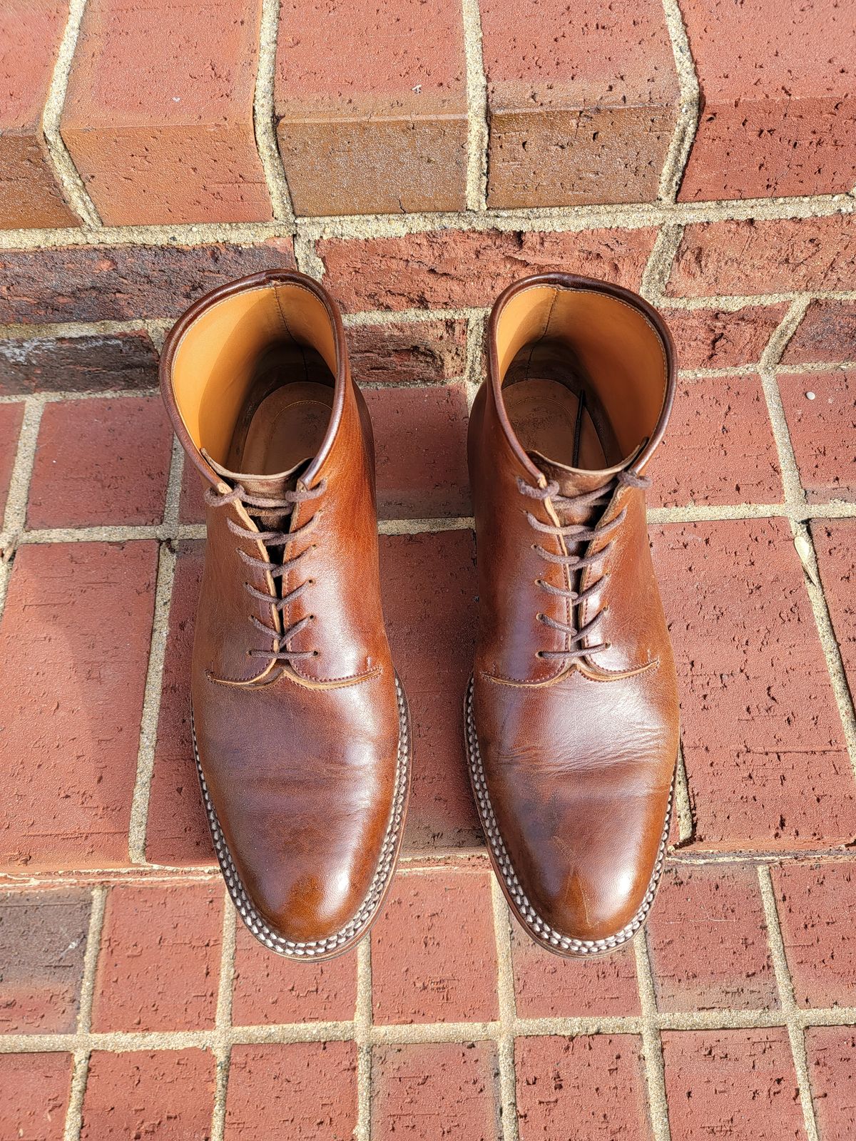Photo by LouisvilleLeatherGuy on December 4, 2022 of the Midas Thunderboot II in Shinki Cognac Oiled Horsebutt.