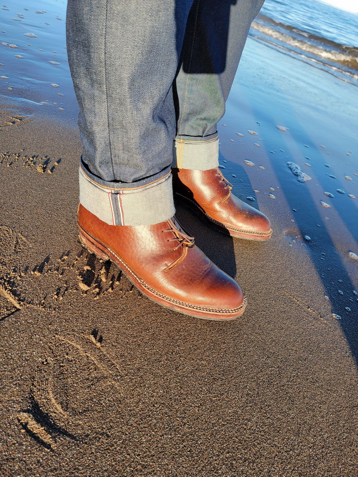 Photo by LouisvilleLeatherGuy on January 5, 2023 of the Midas Thunderboot II in Shinki Cognac Oiled Horsebutt.
