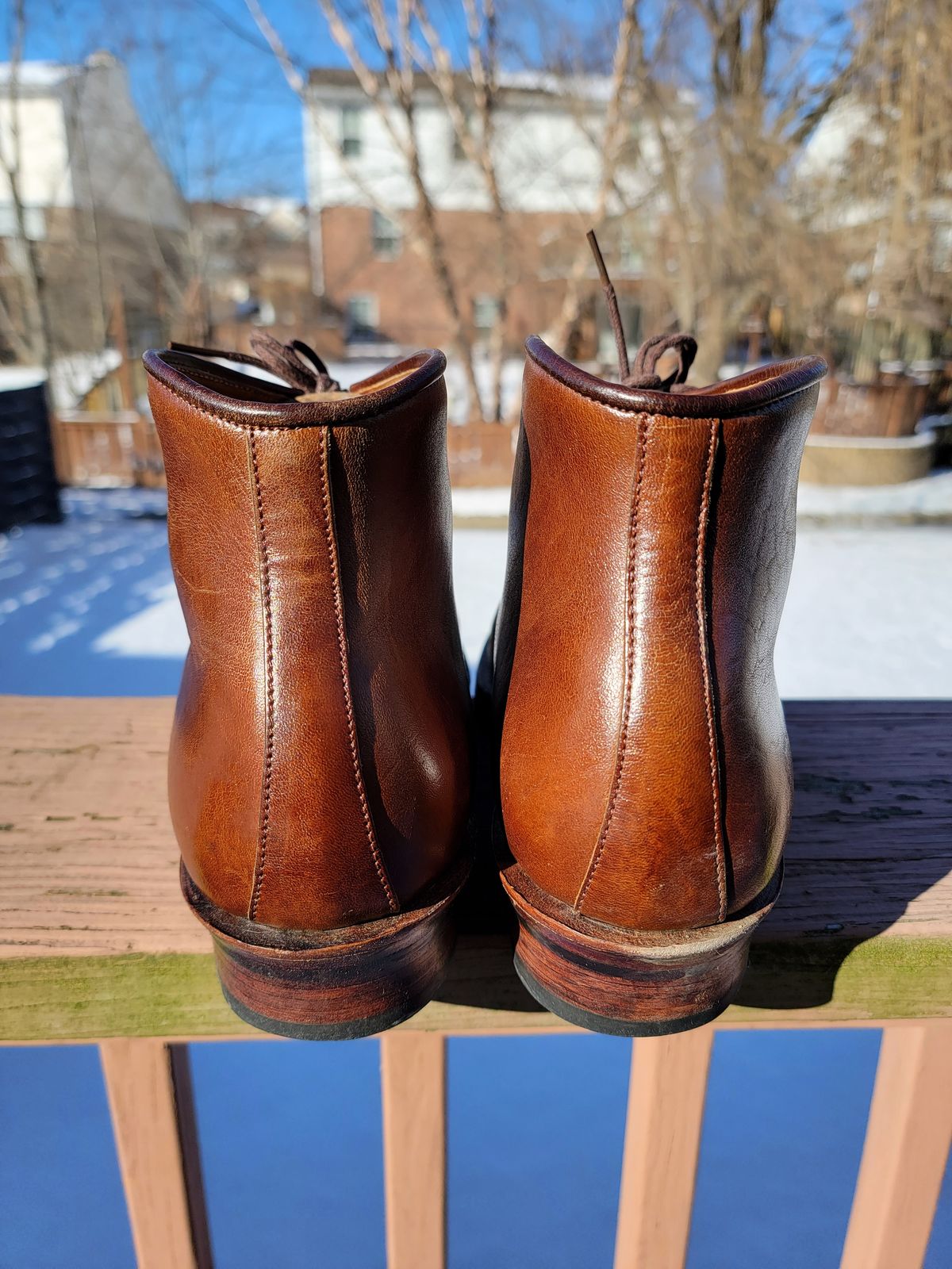 Photo by LouisvilleLeatherGuy on January 5, 2023 of the Midas Thunderboot II in Shinki Cognac Oiled Horsebutt.