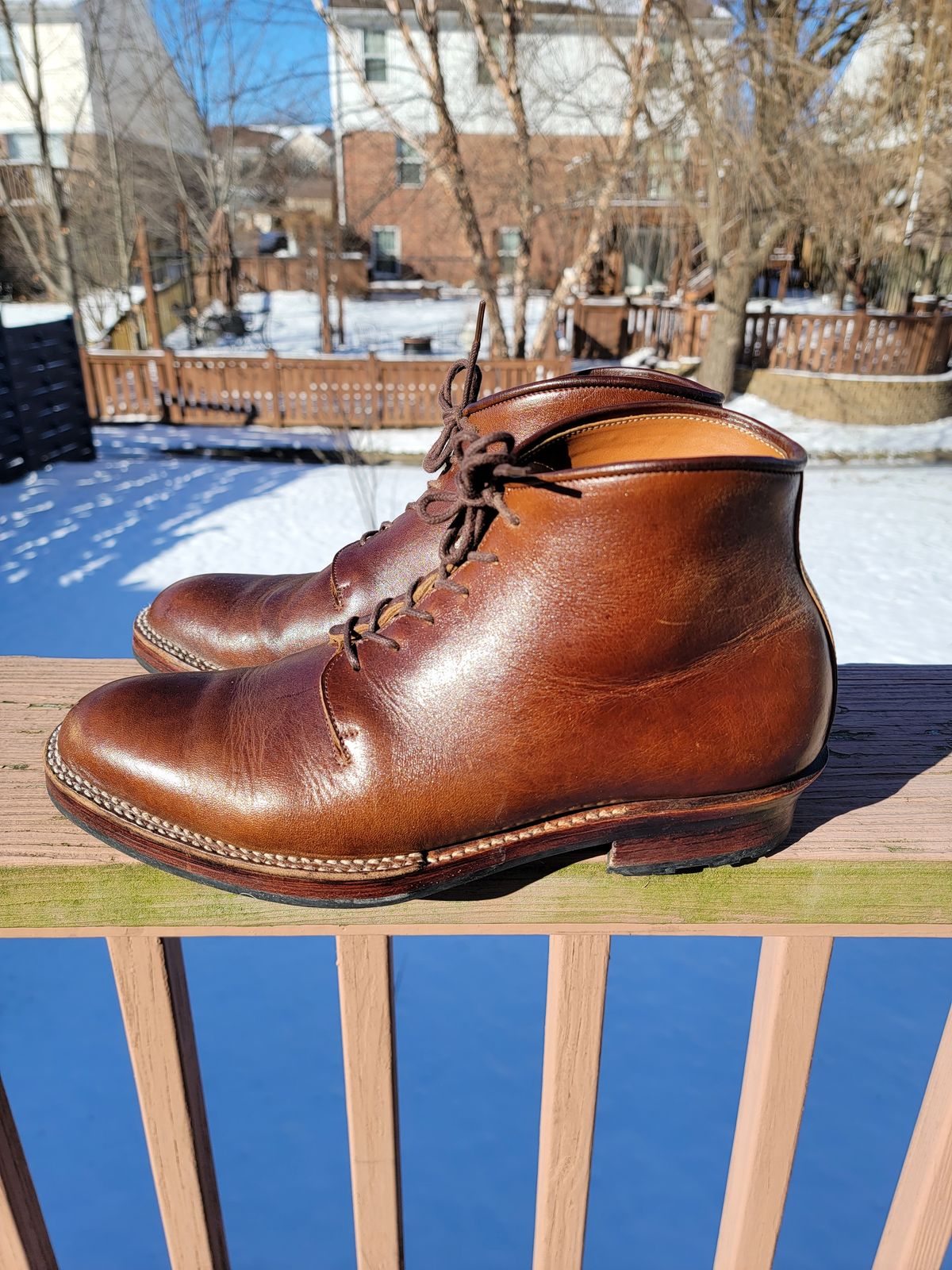 Photo by LouisvilleLeatherGuy on January 5, 2023 of the Midas Thunderboot II in Shinki Cognac Oiled Horsebutt.