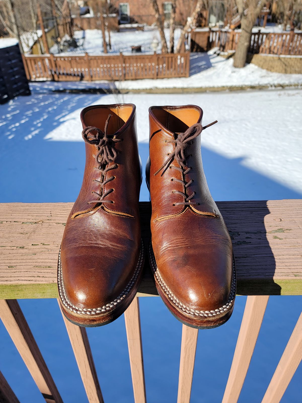 Photo by LouisvilleLeatherGuy on January 5, 2023 of the Midas Thunderboot II in Shinki Cognac Oiled Horsebutt.