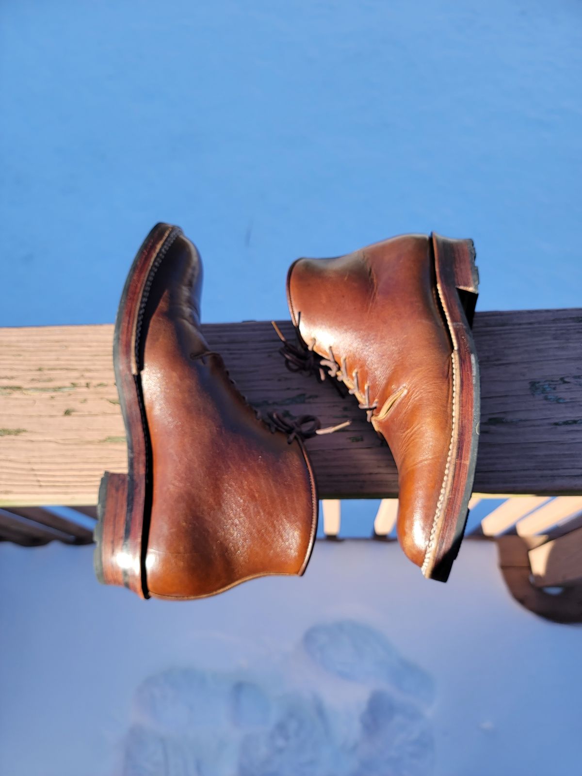 Photo by LouisvilleLeatherGuy on January 5, 2023 of the Midas Thunderboot II in Shinki Cognac Oiled Horsebutt.