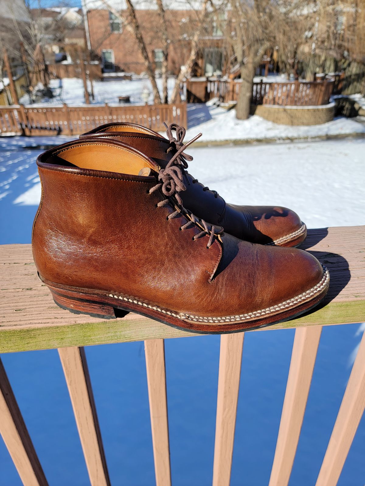 Photo by LouisvilleLeatherGuy on January 5, 2023 of the Midas Thunderboot II in Shinki Cognac Oiled Horsebutt.