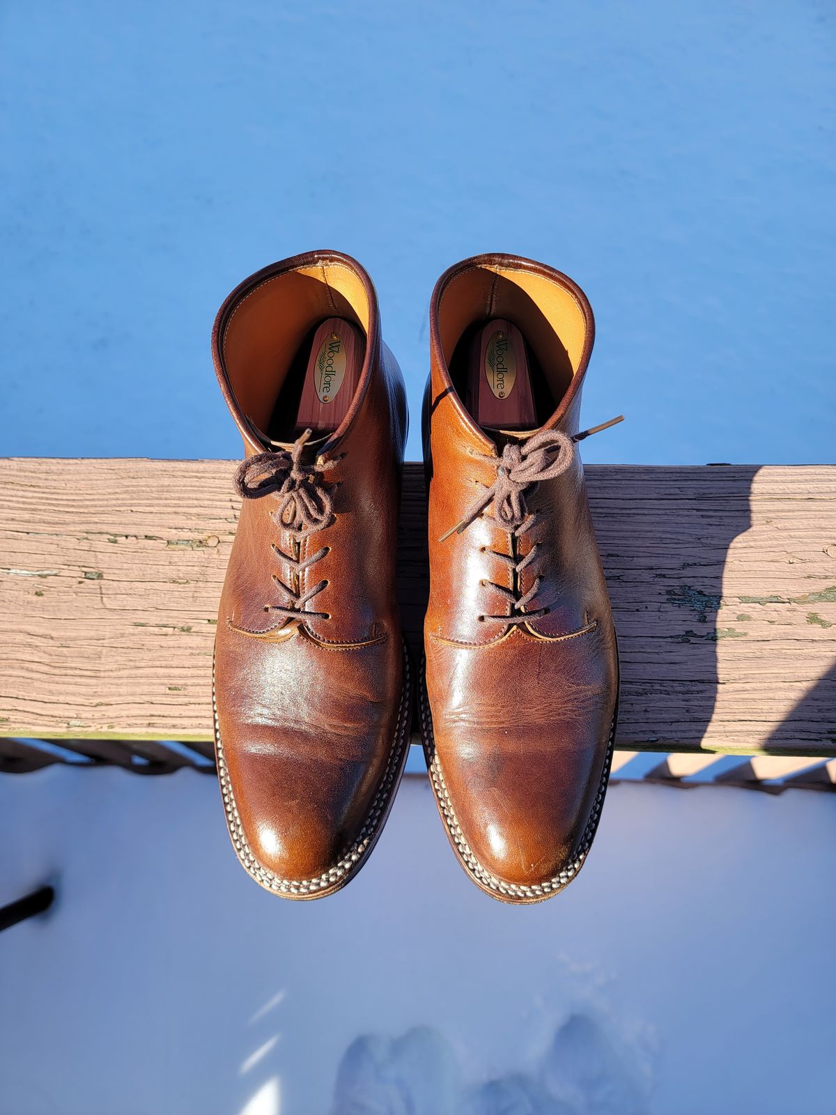 Photo by LouisvilleLeatherGuy on January 5, 2023 of the Midas Thunderboot II in Shinki Cognac Oiled Horsebutt.