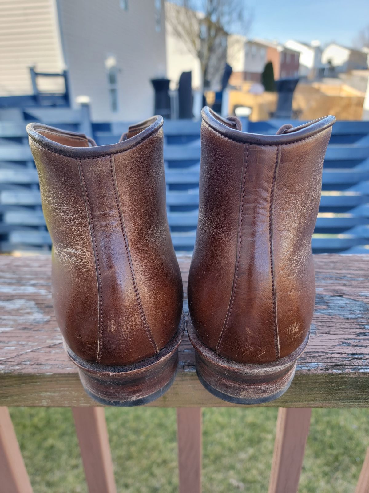 Photo by LouisvilleLeatherGuy on February 5, 2023 of the Midas Thunderboot II in Shinki Cognac Oiled Horsebutt.