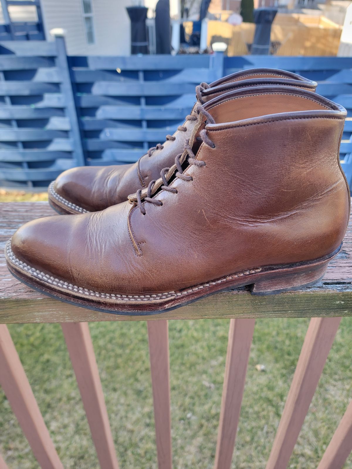 Photo by LouisvilleLeatherGuy on February 5, 2023 of the Midas Thunderboot II in Shinki Cognac Oiled Horsebutt.