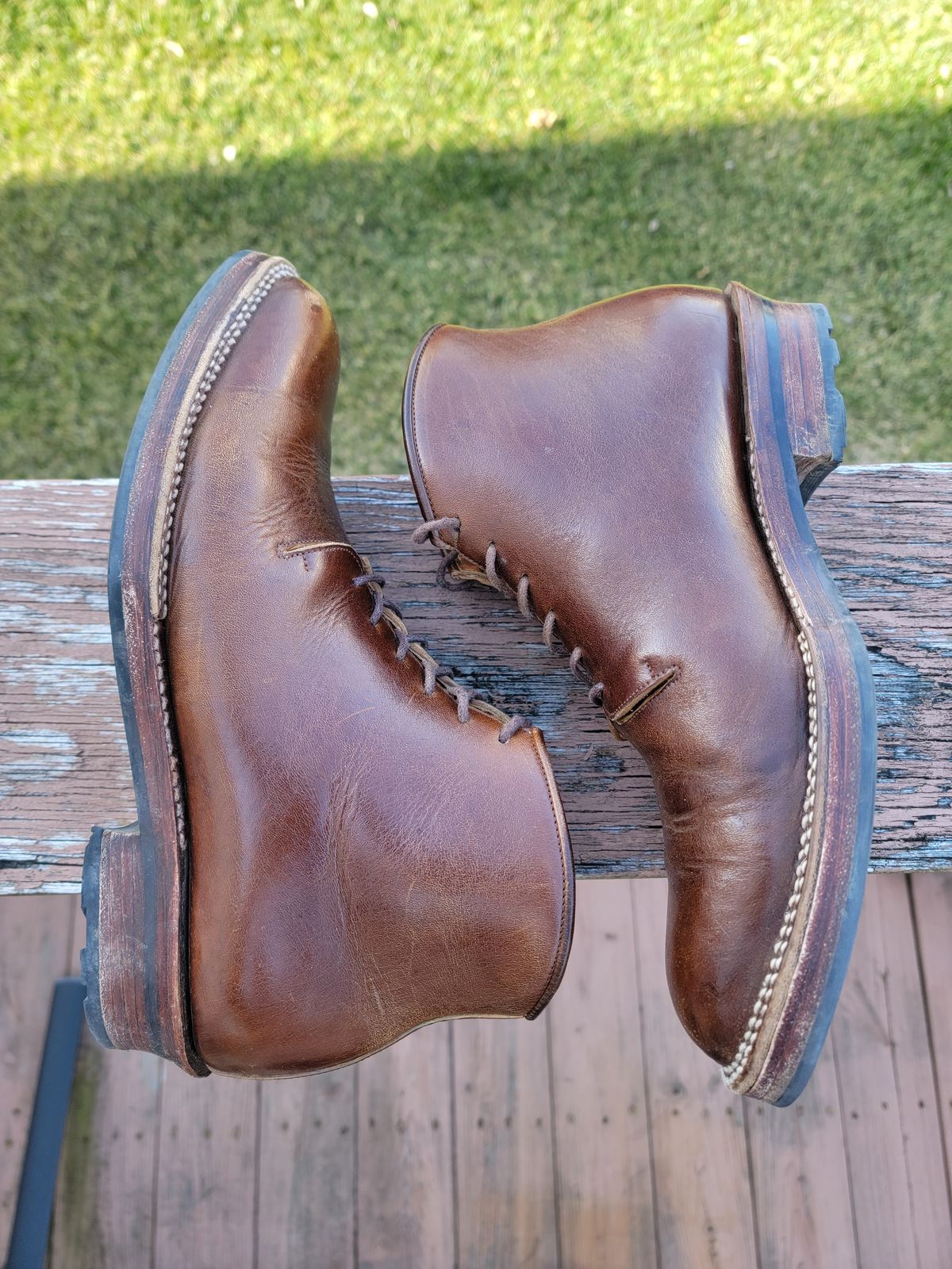 Photo by LouisvilleLeatherGuy on February 5, 2023 of the Midas Thunderboot II in Shinki Cognac Oiled Horsebutt.