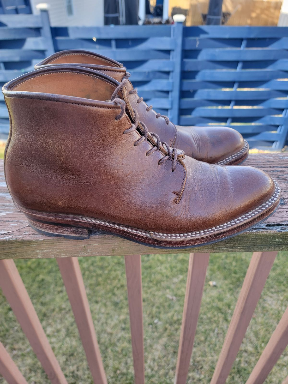 Photo by LouisvilleLeatherGuy on February 5, 2023 of the Midas Thunderboot II in Shinki Cognac Oiled Horsebutt.