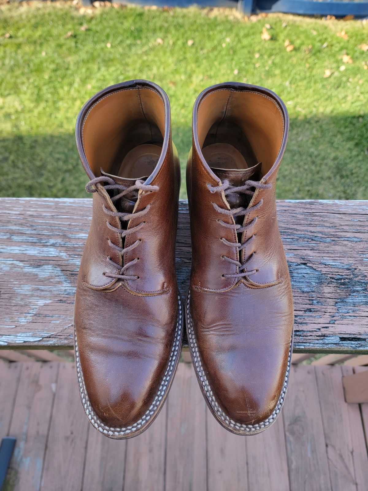 Photo by LouisvilleLeatherGuy on February 5, 2023 of the Midas Thunderboot II in Shinki Cognac Oiled Horsebutt.