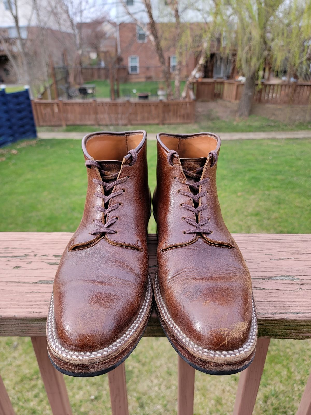 Photo by LouisvilleLeatherGuy on March 4, 2023 of the Midas Thunderboot II in Shinki Cognac Oiled Horsebutt.