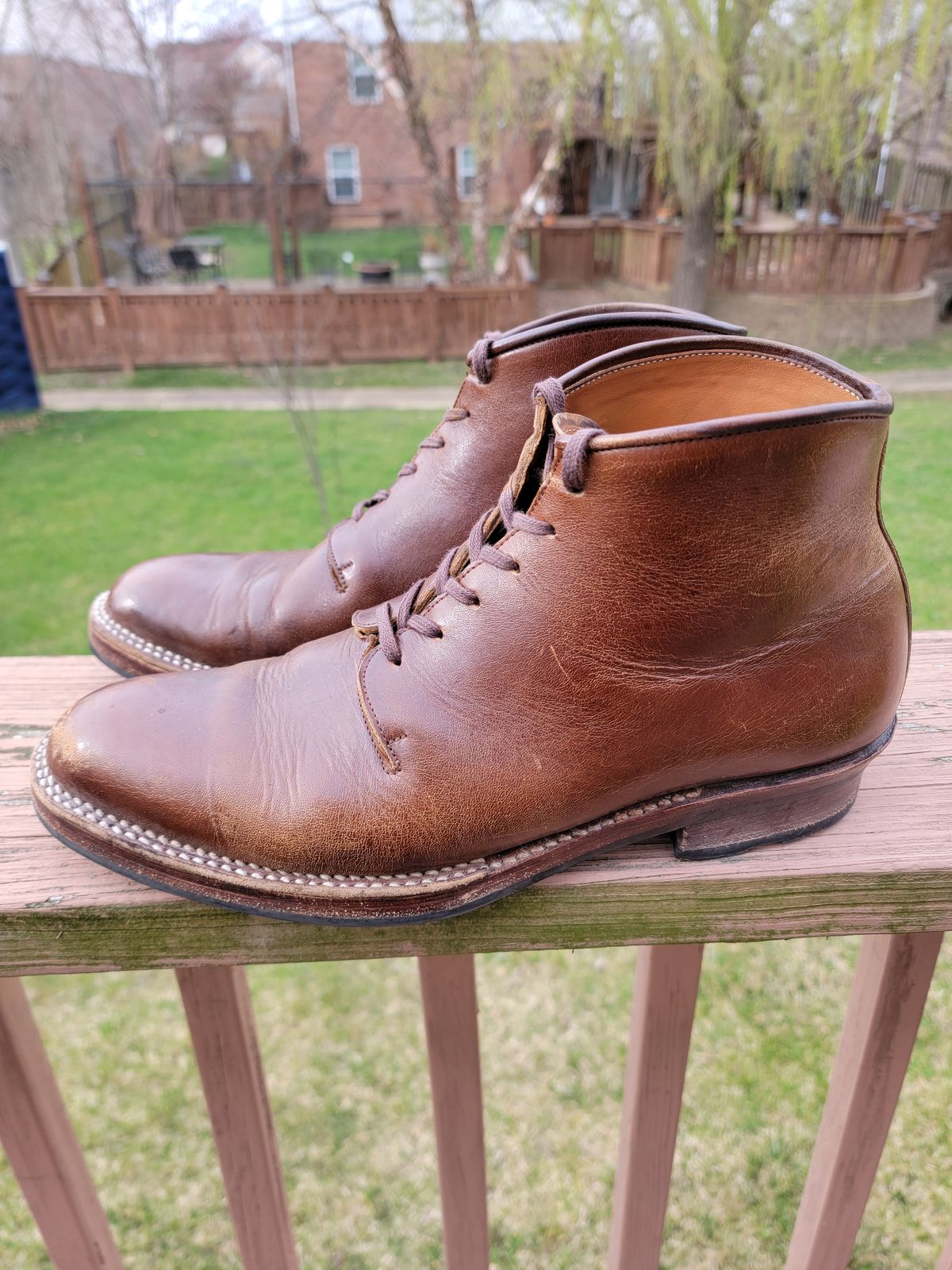 Photo by LouisvilleLeatherGuy on March 4, 2023 of the Midas Thunderboot II in Shinki Cognac Oiled Horsebutt.