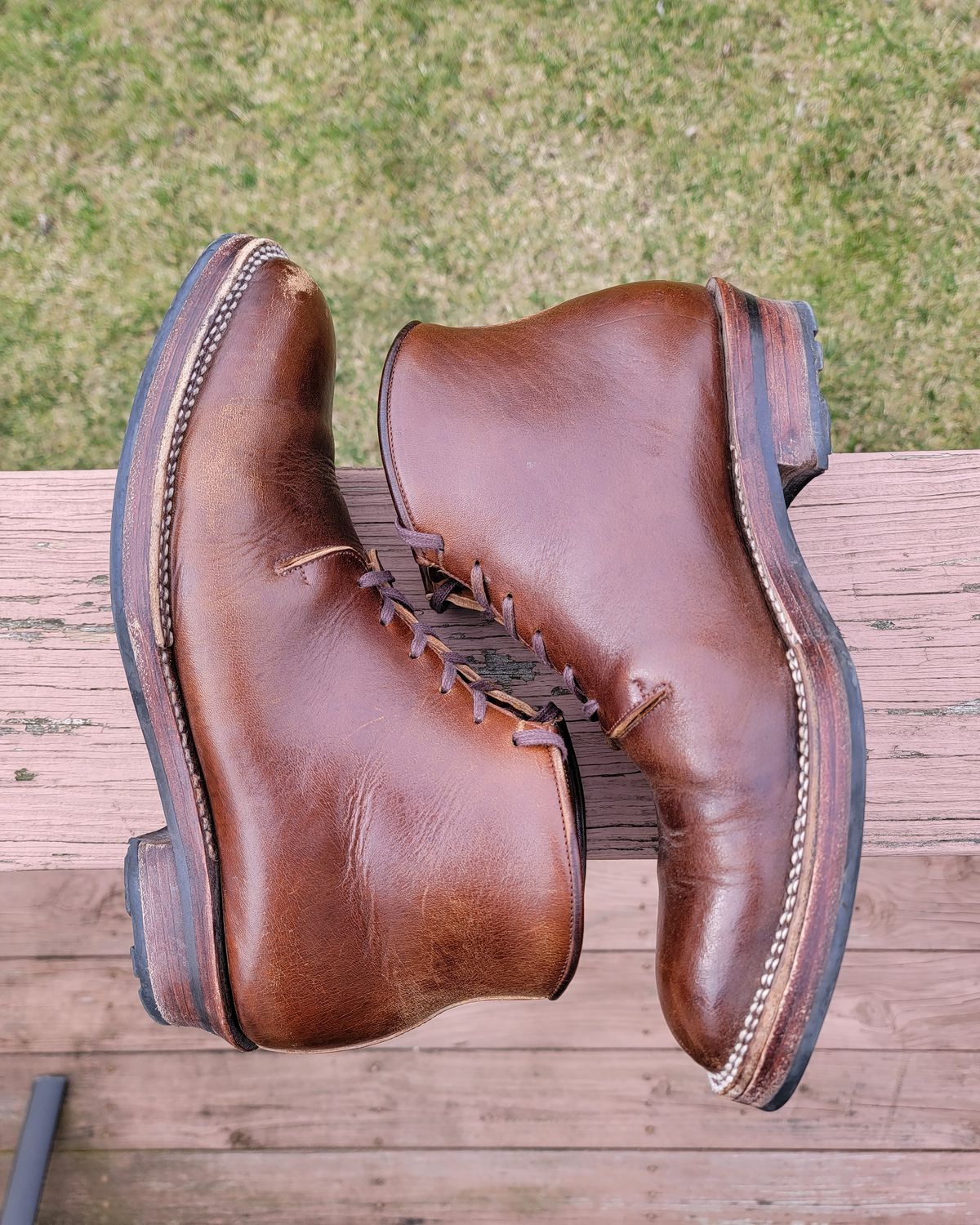 Photo by LouisvilleLeatherGuy on March 4, 2023 of the Midas Thunderboot II in Shinki Cognac Oiled Horsebutt.