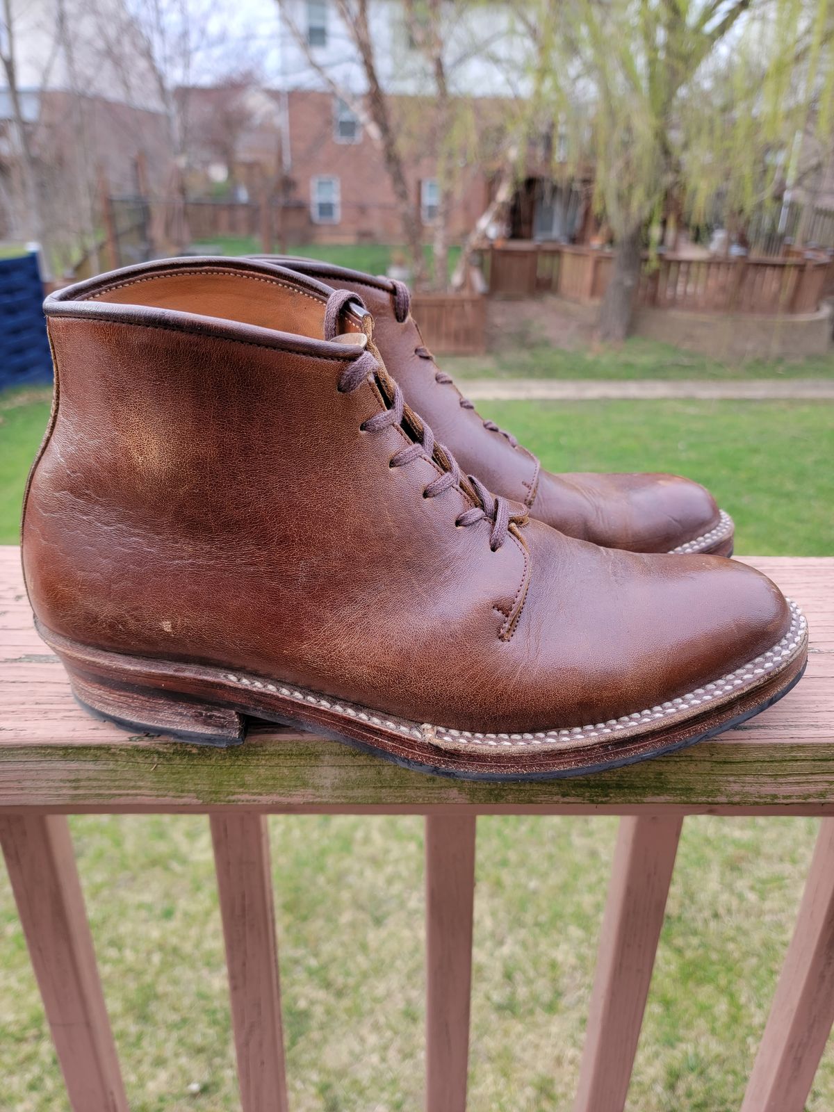 Photo by LouisvilleLeatherGuy on March 4, 2023 of the Midas Thunderboot II in Shinki Cognac Oiled Horsebutt.