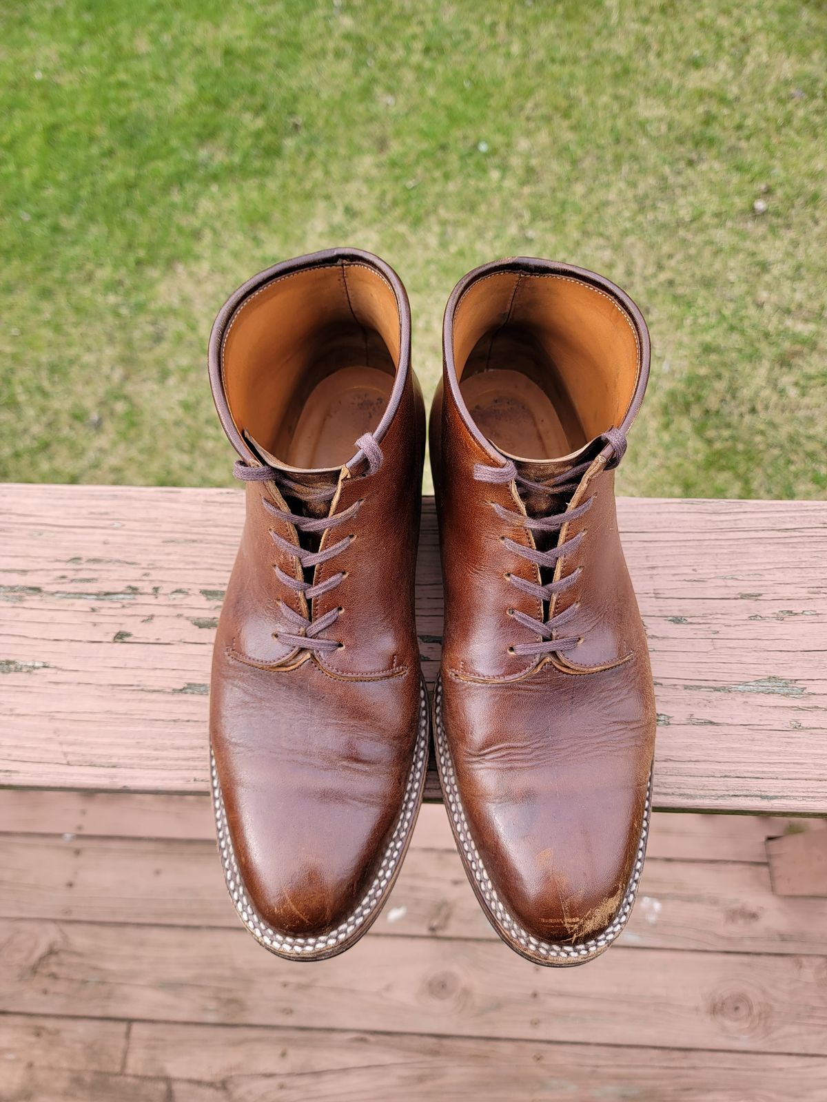 Photo by LouisvilleLeatherGuy on March 4, 2023 of the Midas Thunderboot II in Shinki Cognac Oiled Horsebutt.
