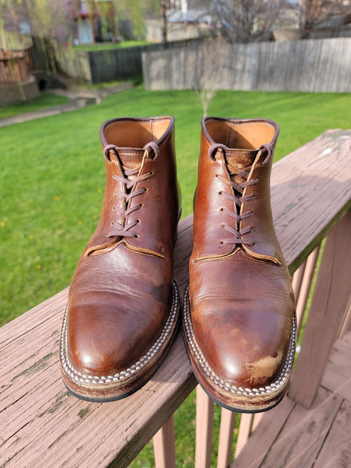 Photo by LouisvilleLeatherGuy on April 5, 2023 of the Midas Thunderboot II in Shinki Cognac Oiled Horsebutt.