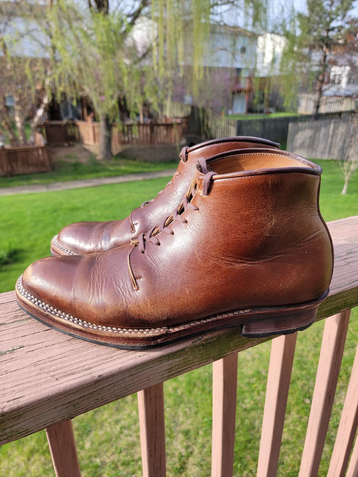 Photo by LouisvilleLeatherGuy on April 5, 2023 of the Midas Thunderboot II in Shinki Cognac Oiled Horsebutt.