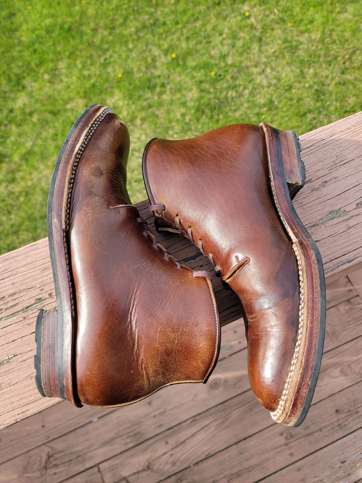 Photo by LouisvilleLeatherGuy on April 5, 2023 of the Midas Thunderboot II in Shinki Cognac Oiled Horsebutt.