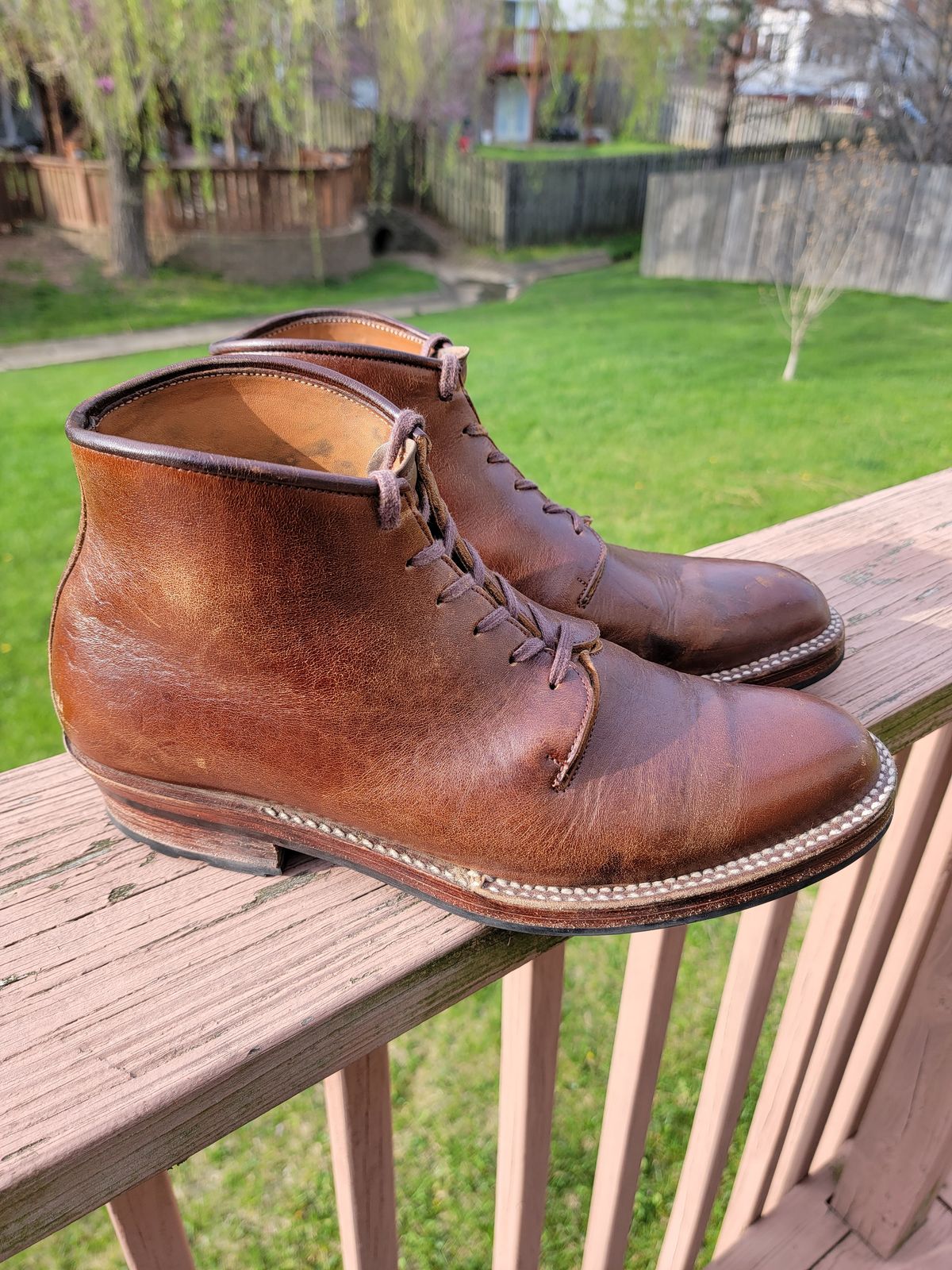 Photo by LouisvilleLeatherGuy on April 5, 2023 of the Midas Thunderboot II in Shinki Cognac Oiled Horsebutt.