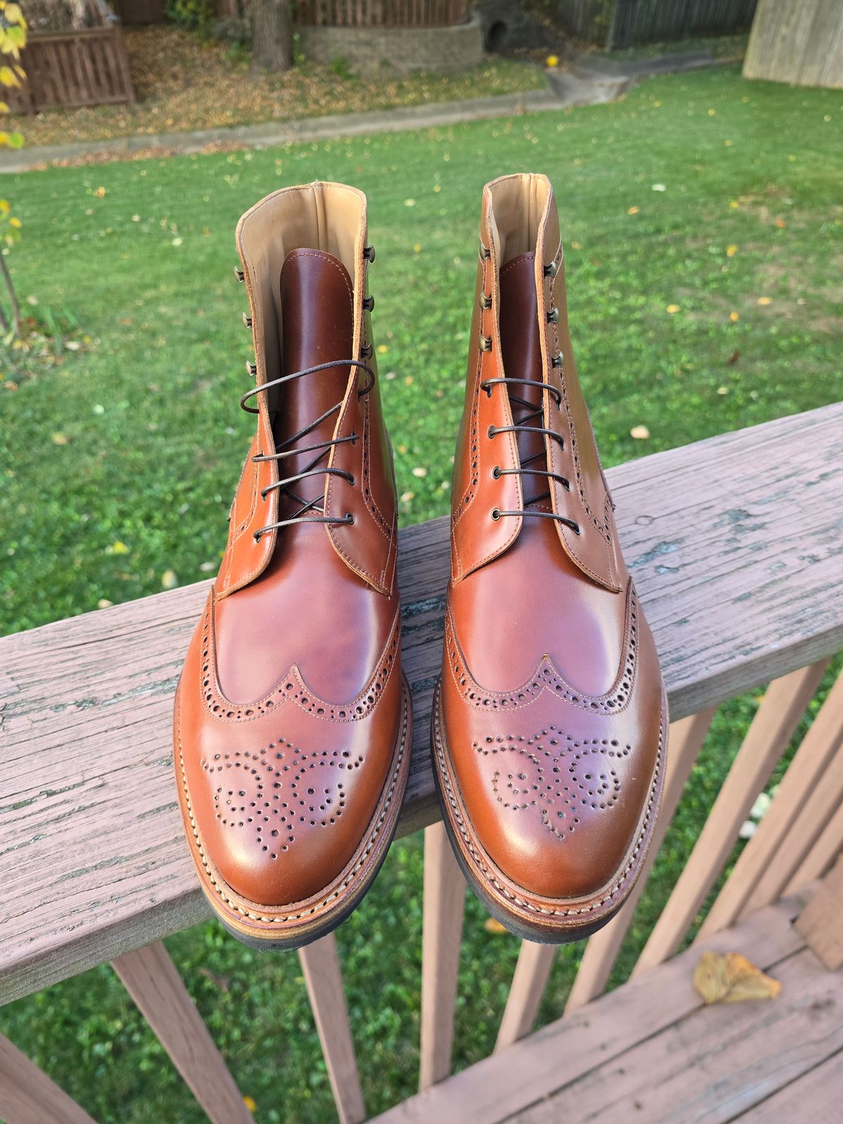 Photo by LouisvilleLeatherGuy on November 5, 2024 of the Rider Boot Co. Wingtip Boot in Maryam Natural Shell Cordovan.