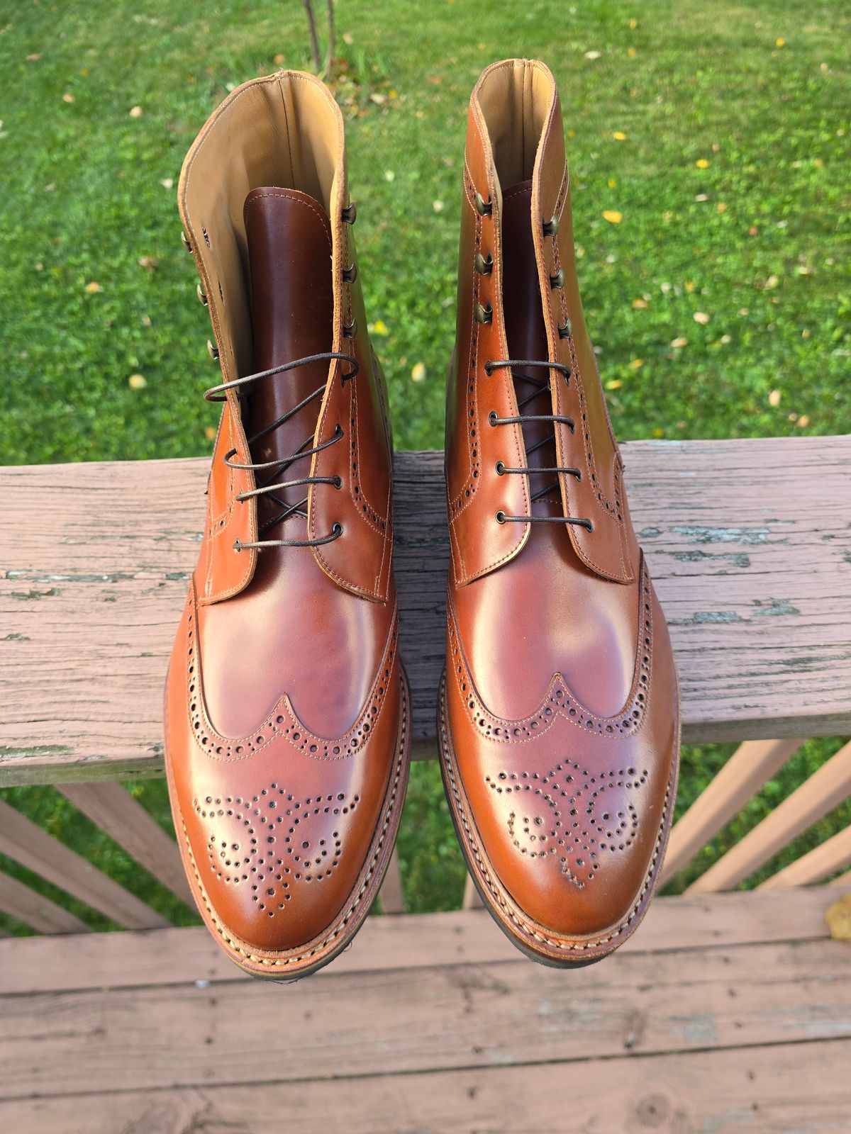 Photo by LouisvilleLeatherGuy on November 5, 2024 of the Rider Boot Co. Wingtip Boot in Maryam Natural Shell Cordovan.