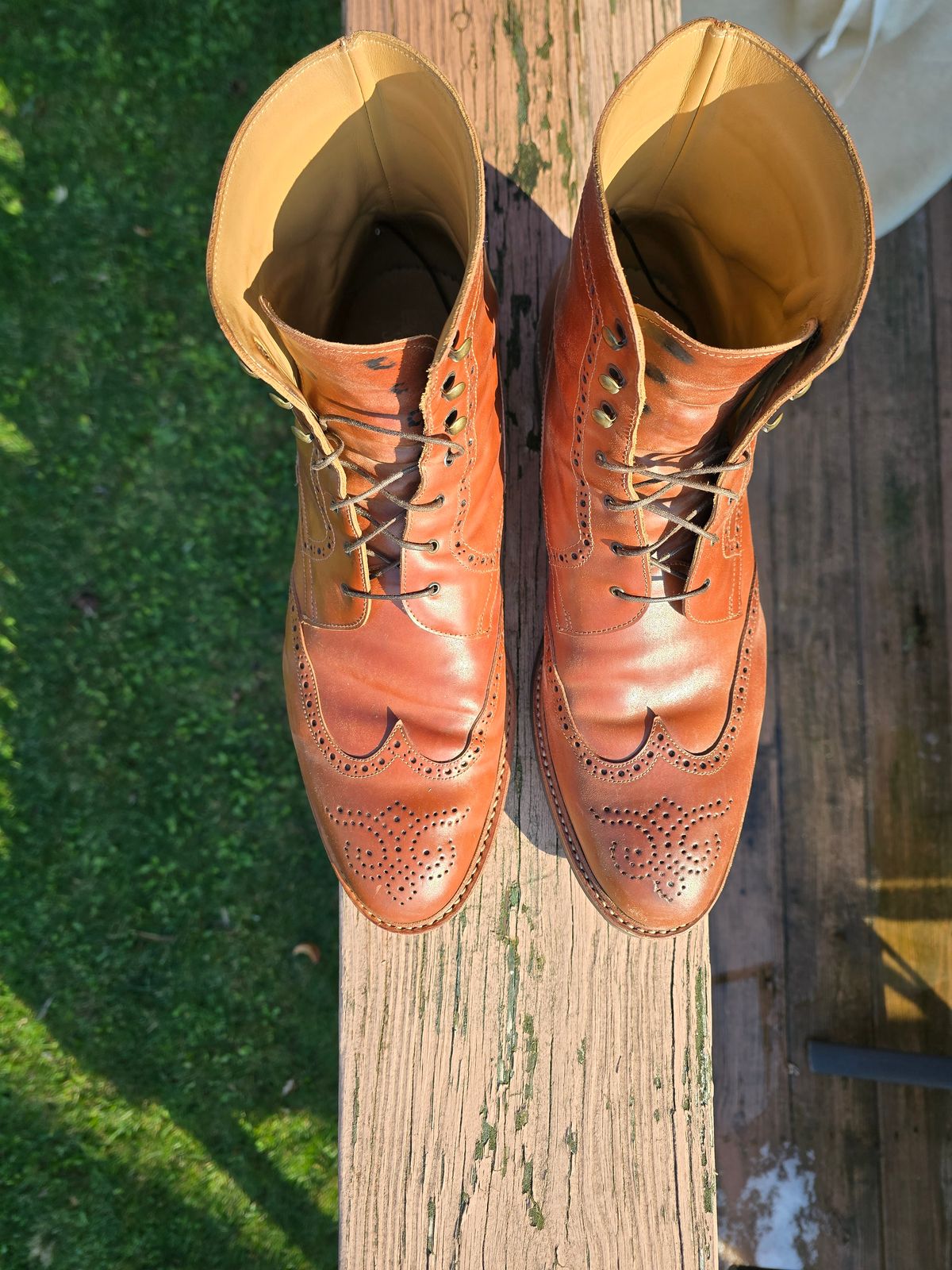 Photo by LouisvilleLeatherGuy on December 4, 2024 of the Rider Boot Co. Wingtip Boot in Maryam Natural Shell Cordovan.