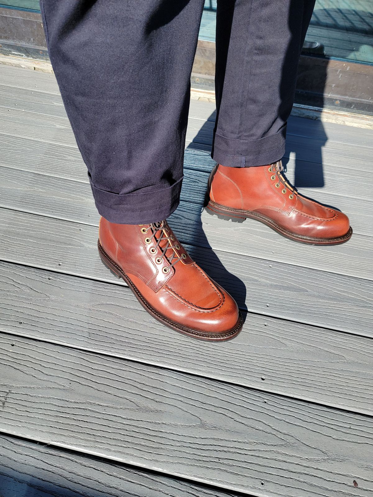 Photo by LouisvilleLeatherGuy on October 1, 2023 of the Grant Stone Brass Boot in Horween Garnet Shell Cordovan.