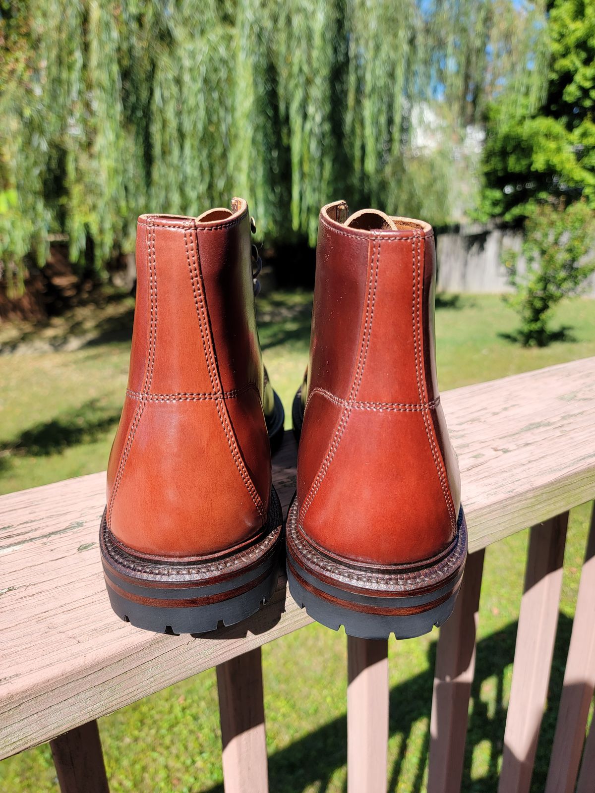 Photo by LouisvilleLeatherGuy on October 1, 2023 of the Grant Stone Brass Boot in Horween Garnet Shell Cordovan.