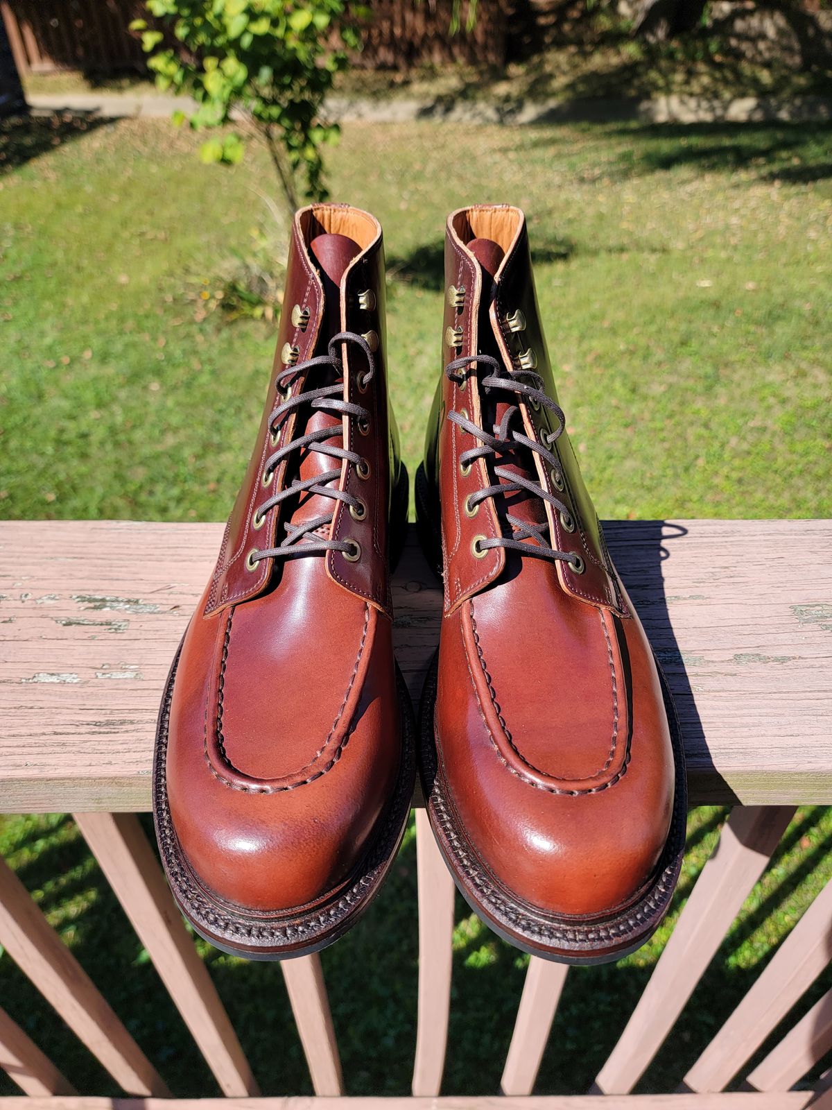 Photo by LouisvilleLeatherGuy on October 1, 2023 of the Grant Stone Brass Boot in Horween Garnet Shell Cordovan.