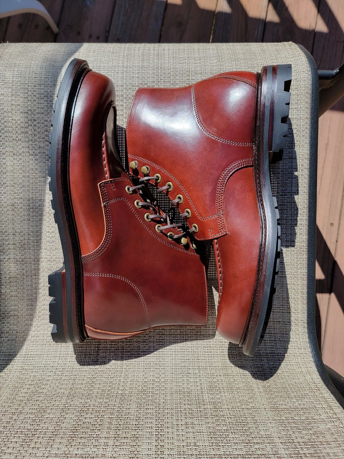 Photo by LouisvilleLeatherGuy on October 1, 2023 of the Grant Stone Brass Boot in Horween Garnet Shell Cordovan.