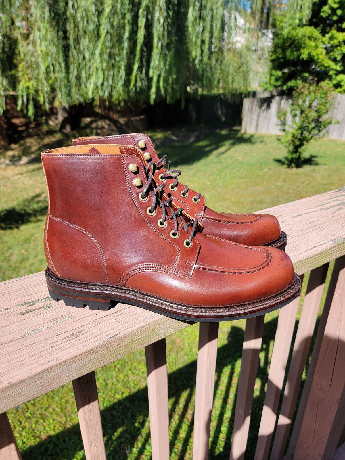 Photo by LouisvilleLeatherGuy on October 1, 2023 of the Grant Stone Brass Boot in Horween Garnet Shell Cordovan.