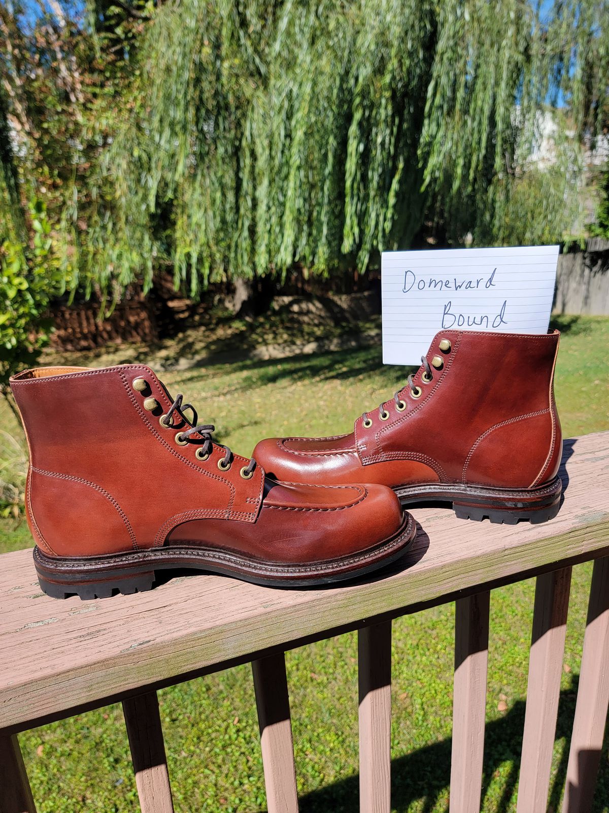 Photo by LouisvilleLeatherGuy on October 1, 2023 of the Grant Stone Brass Boot in Horween Garnet Shell Cordovan.