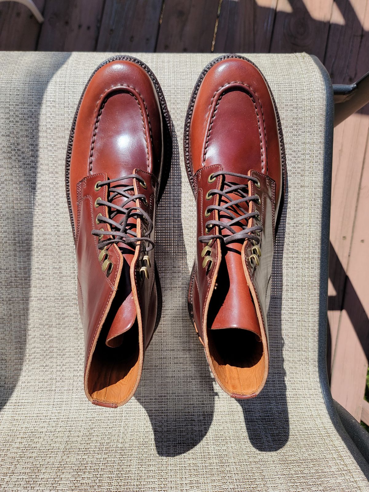 Photo by LouisvilleLeatherGuy on October 1, 2023 of the Grant Stone Brass Boot in Horween Garnet Shell Cordovan.