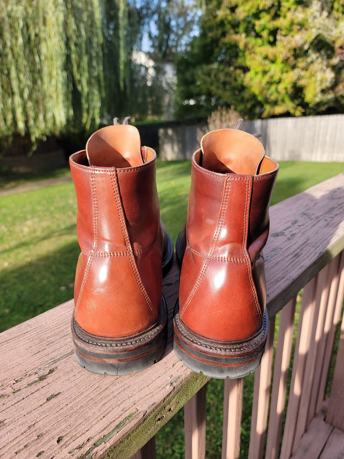 Photo by LouisvilleLeatherGuy on November 3, 2023 of the Grant Stone Brass Boot in Horween Garnet Shell Cordovan.
