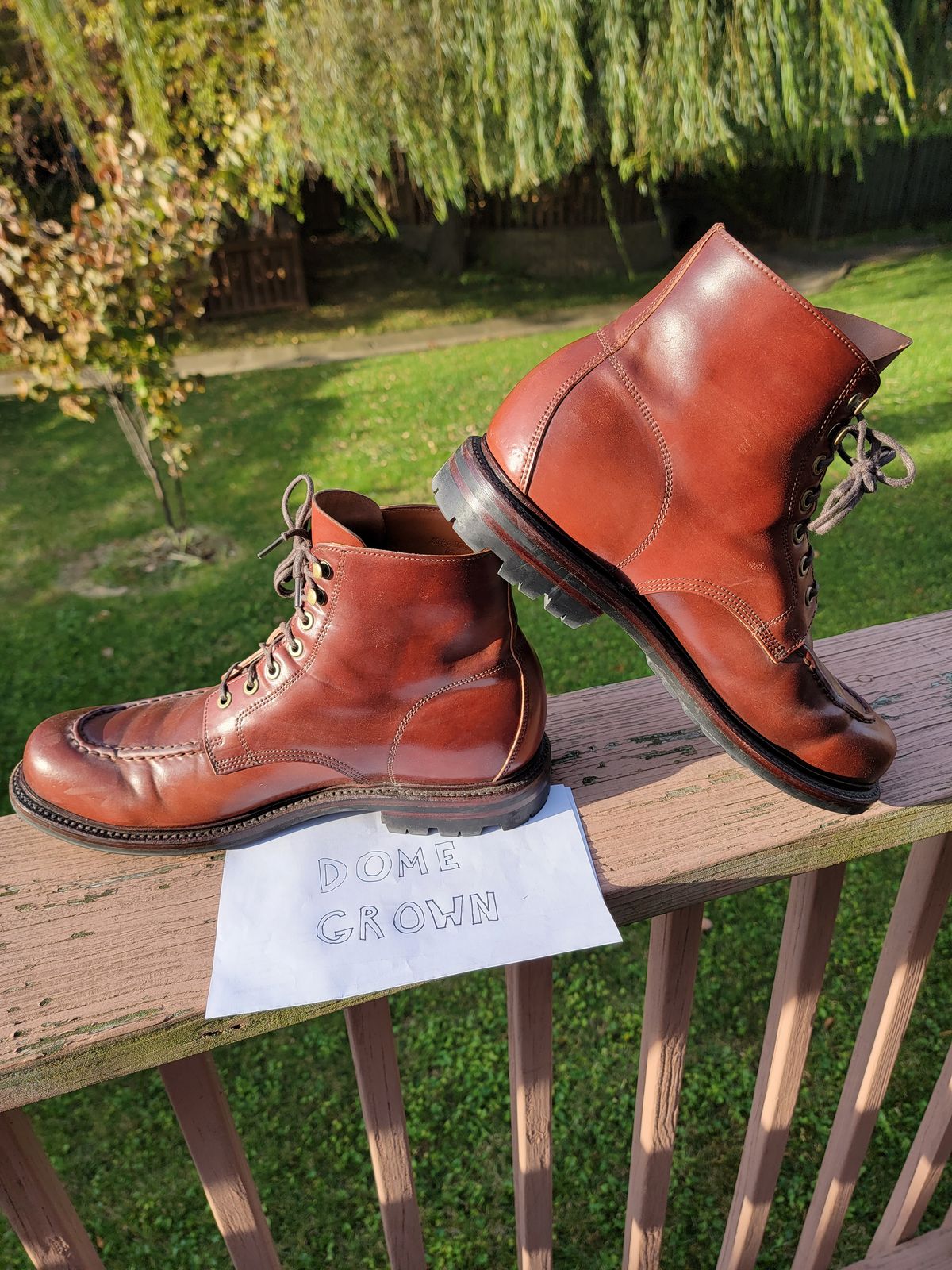 Photo by LouisvilleLeatherGuy on November 3, 2023 of the Grant Stone Brass Boot in Horween Garnet Shell Cordovan.