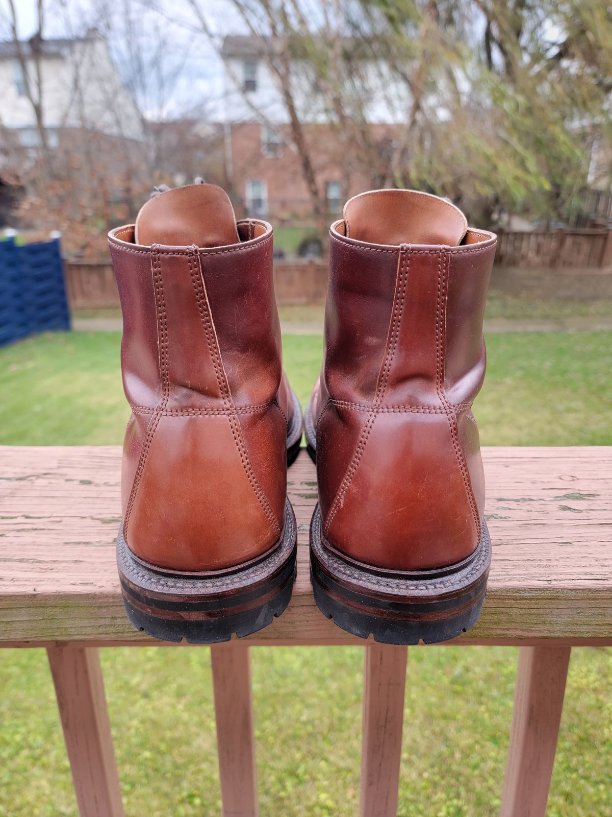 Photo by LouisvilleLeatherGuy on December 5, 2023 of the Grant Stone Brass Boot in Horween Garnet Shell Cordovan.
