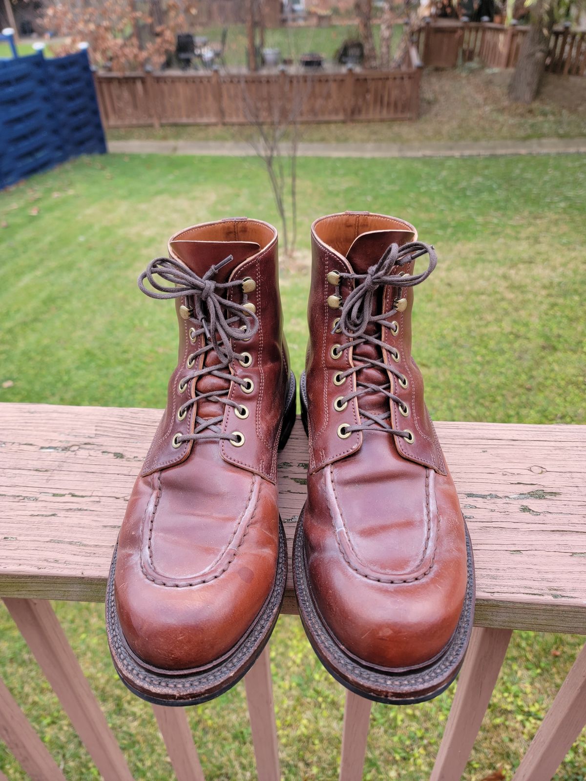 Photo by LouisvilleLeatherGuy on December 5, 2023 of the Grant Stone Brass Boot in Horween Garnet Shell Cordovan.