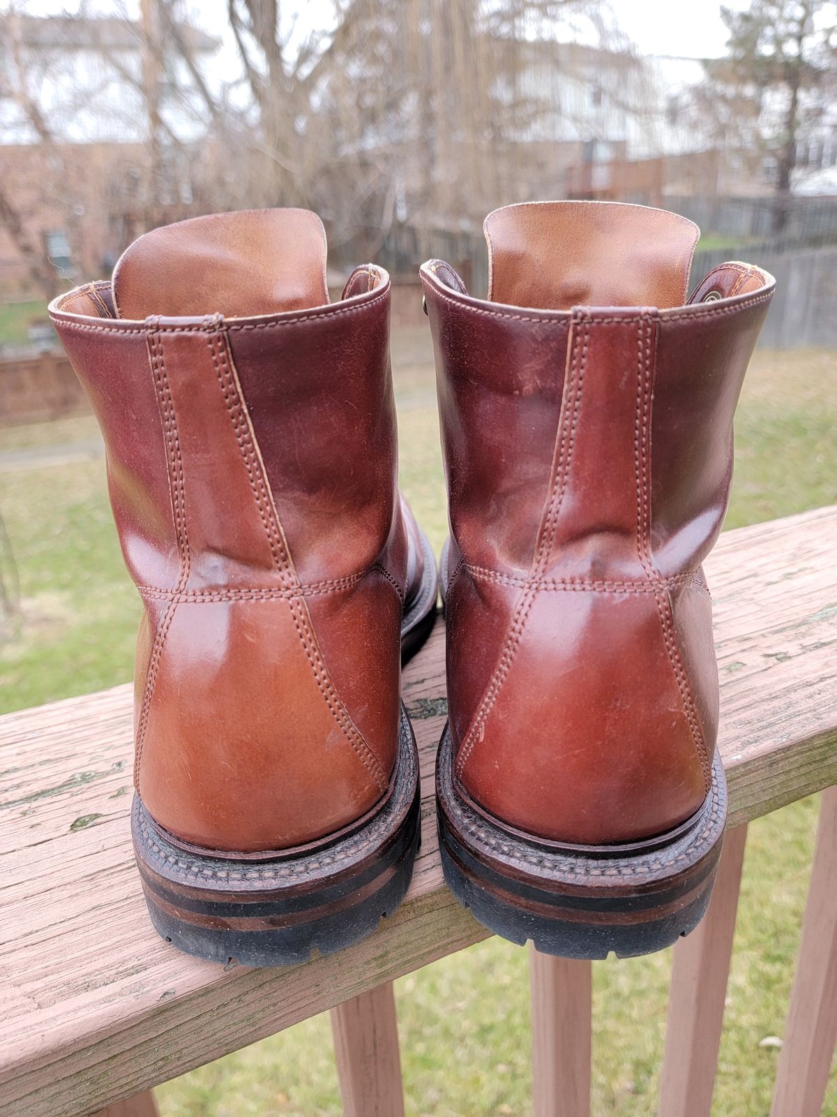 Photo by LouisvilleLeatherGuy on January 5, 2024 of the Grant Stone Brass Boot in Horween Garnet Shell Cordovan.