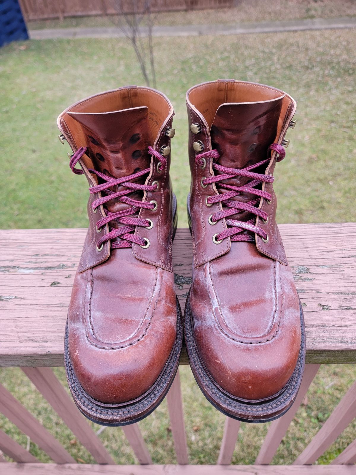 Photo by LouisvilleLeatherGuy on January 5, 2024 of the Grant Stone Brass Boot in Horween Garnet Shell Cordovan.