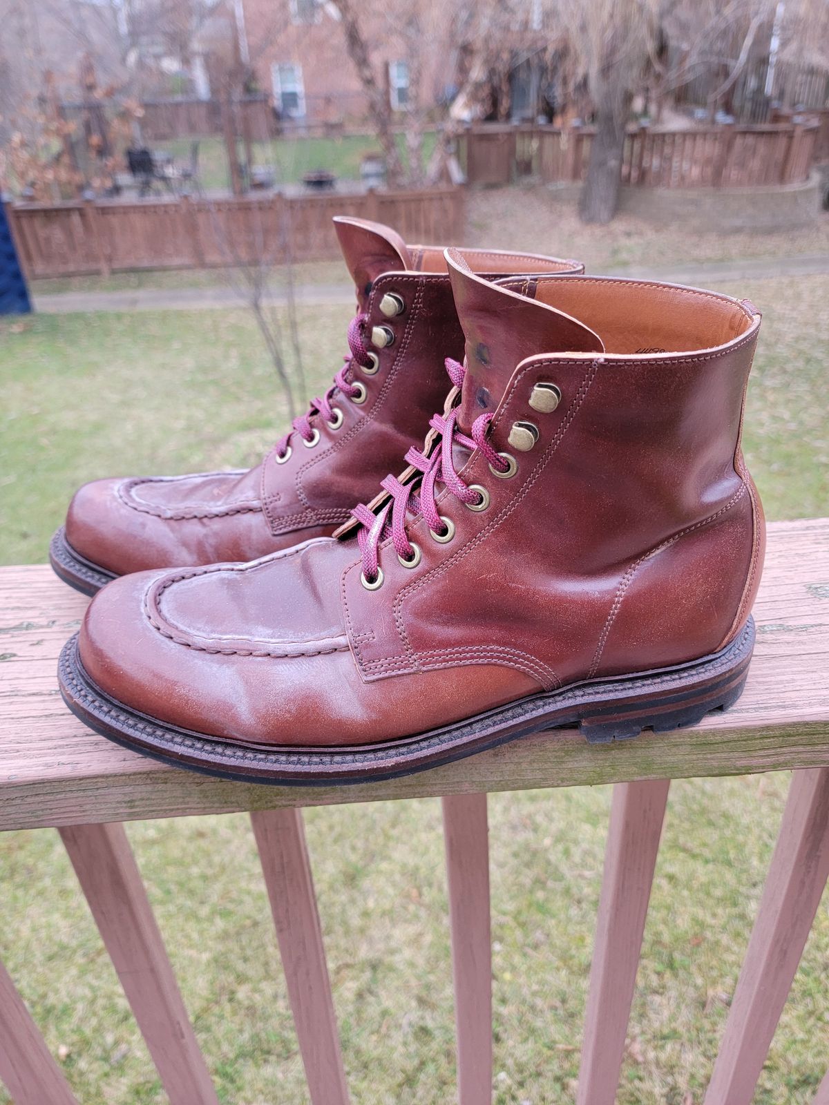 Photo by LouisvilleLeatherGuy on January 5, 2024 of the Grant Stone Brass Boot in Horween Garnet Shell Cordovan.