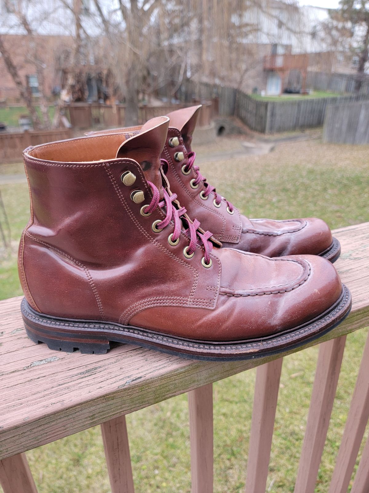 Photo by LouisvilleLeatherGuy on January 5, 2024 of the Grant Stone Brass Boot in Horween Garnet Shell Cordovan.