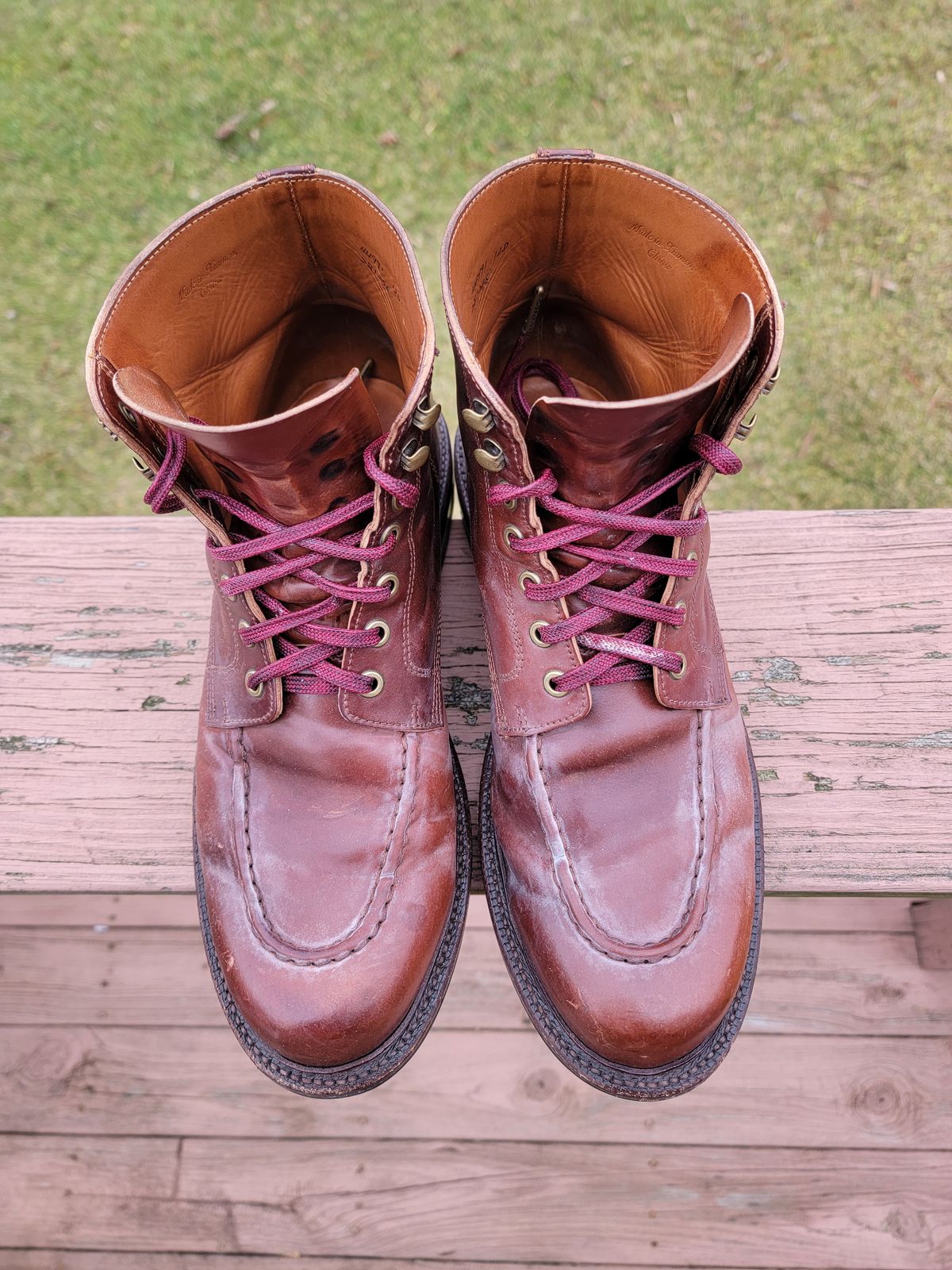 Photo by LouisvilleLeatherGuy on January 5, 2024 of the Grant Stone Brass Boot in Horween Garnet Shell Cordovan.